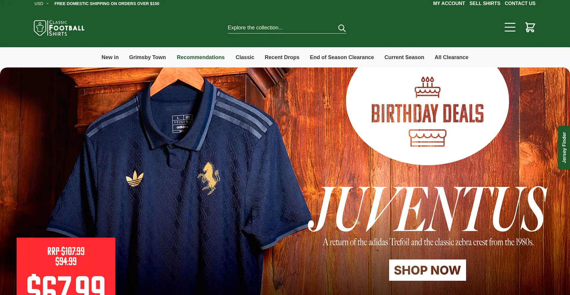 Website screenshot of Classicfootballshirts.co.uk