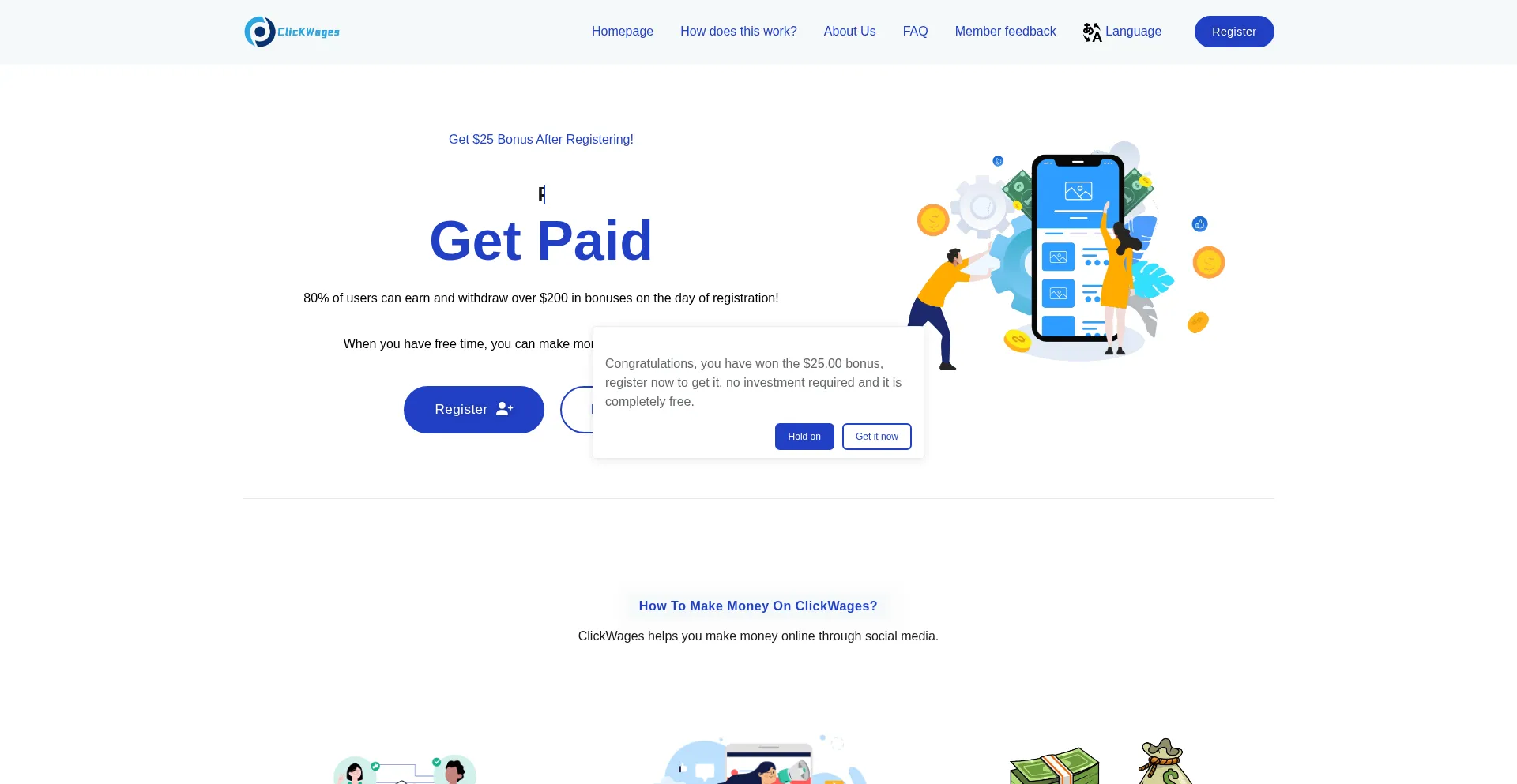 Website screenshot of Click7lqwages.top