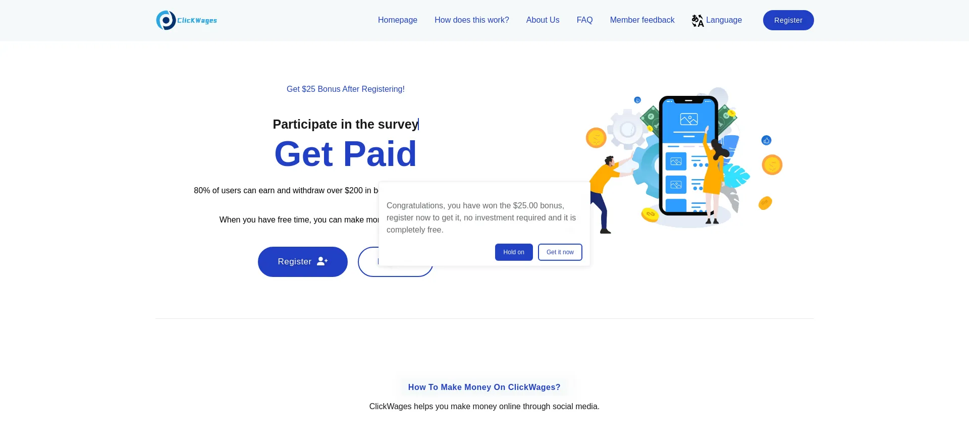 Website screenshot of Clickdgewages.buzz