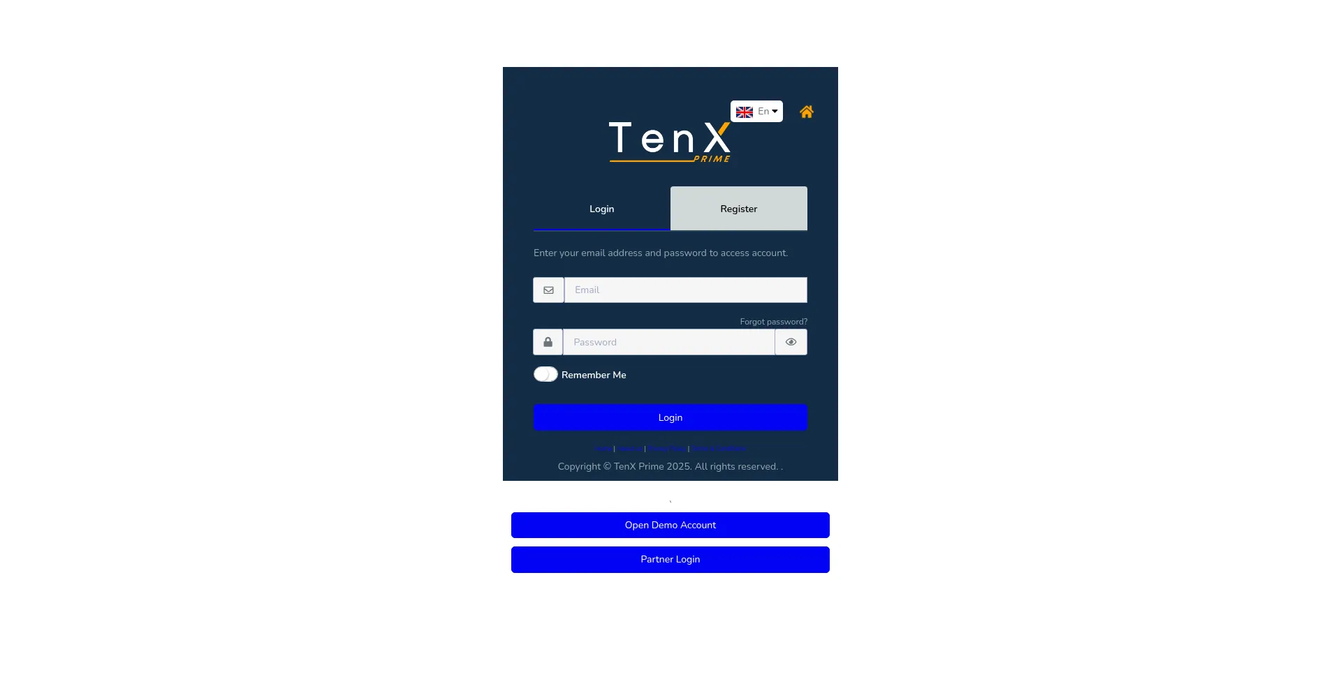Website screenshot of Client.tenxprime.com