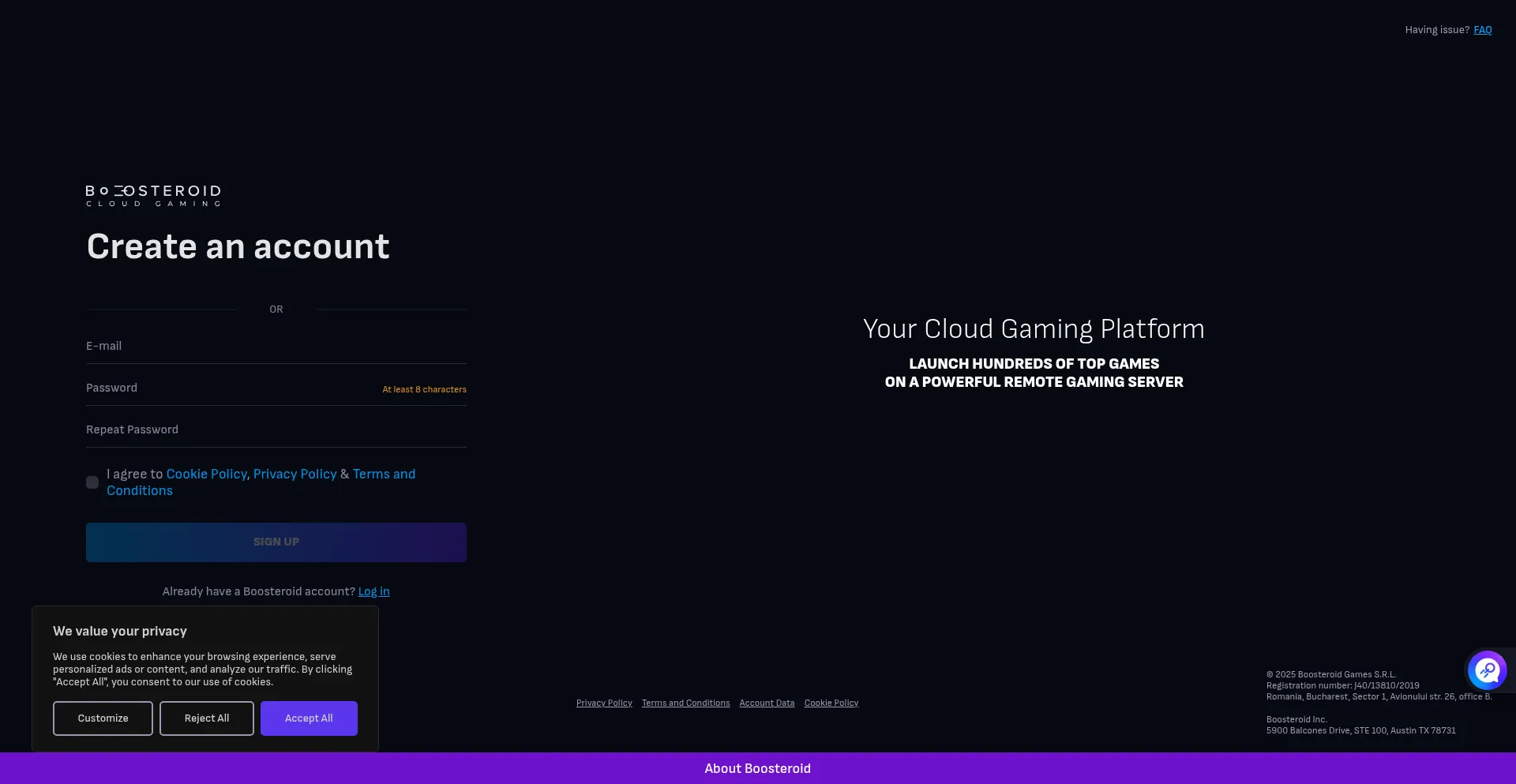 Website screenshot of Cloud.boosteroid.com