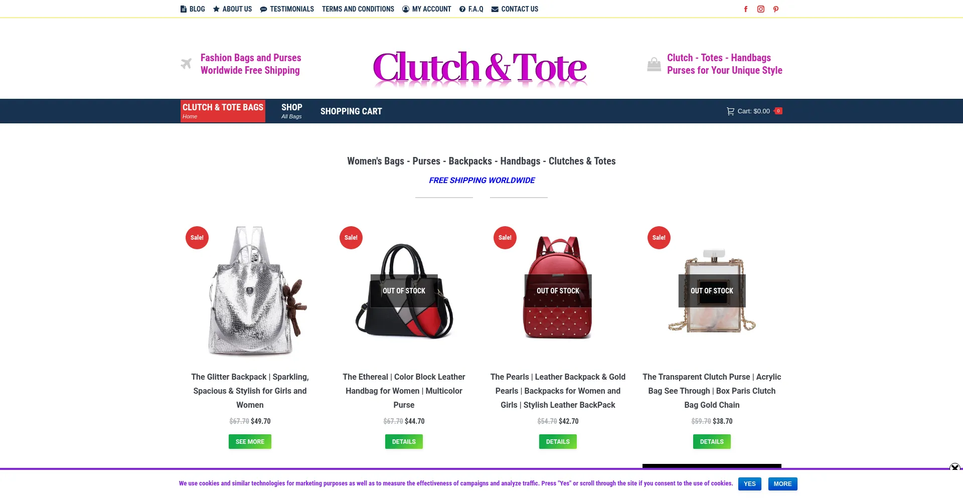 Website screenshot of Clutchtotebags.com