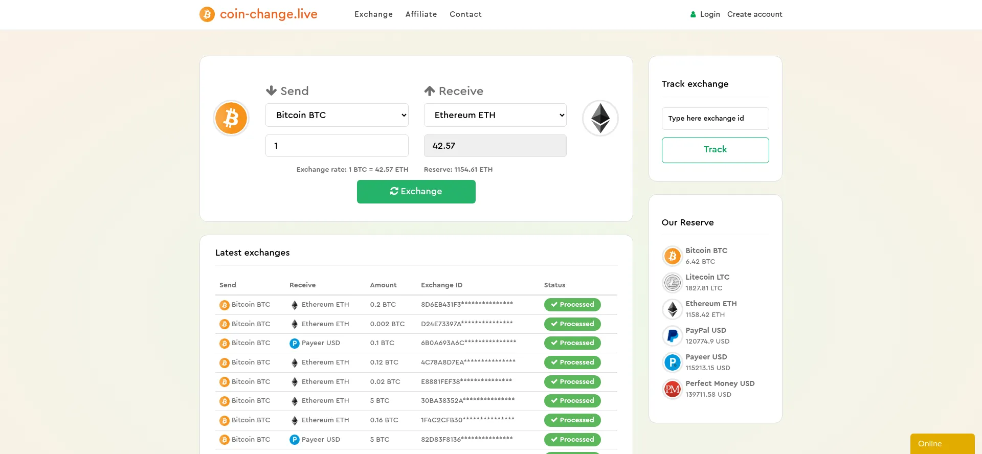 Website screenshot of Coin-change.live