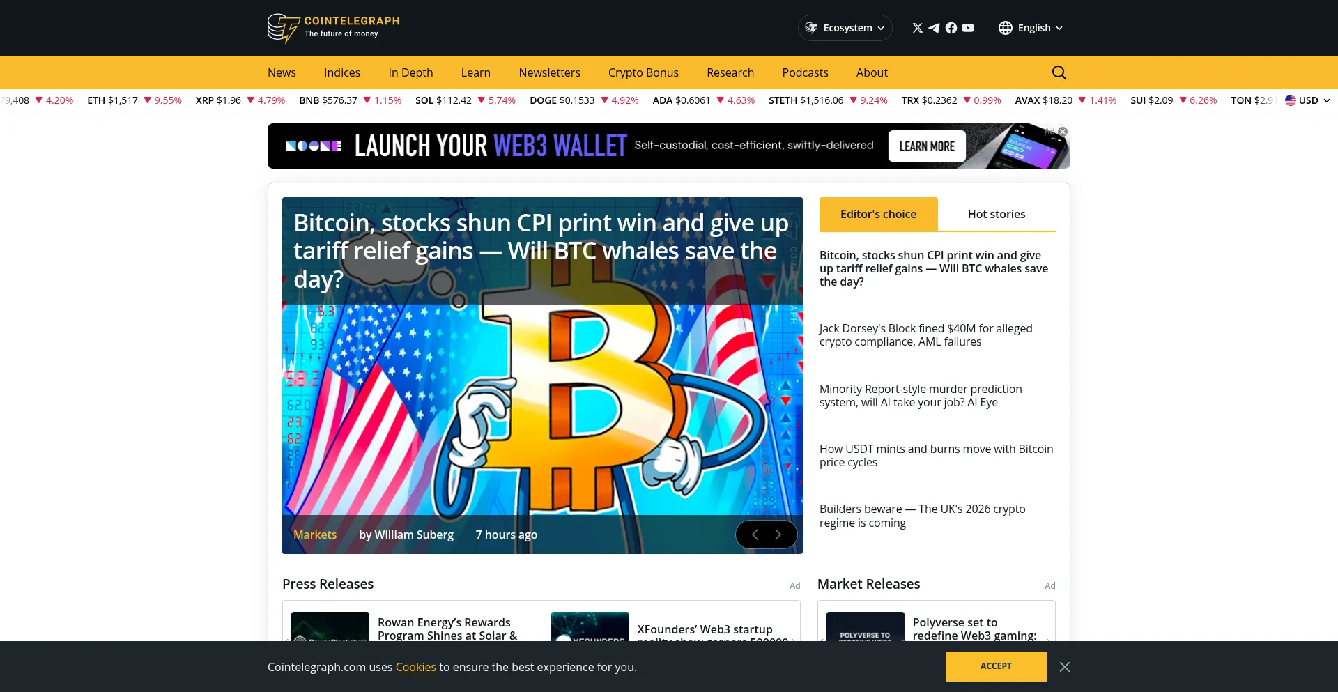 Website screenshot of Cointelegraph.com