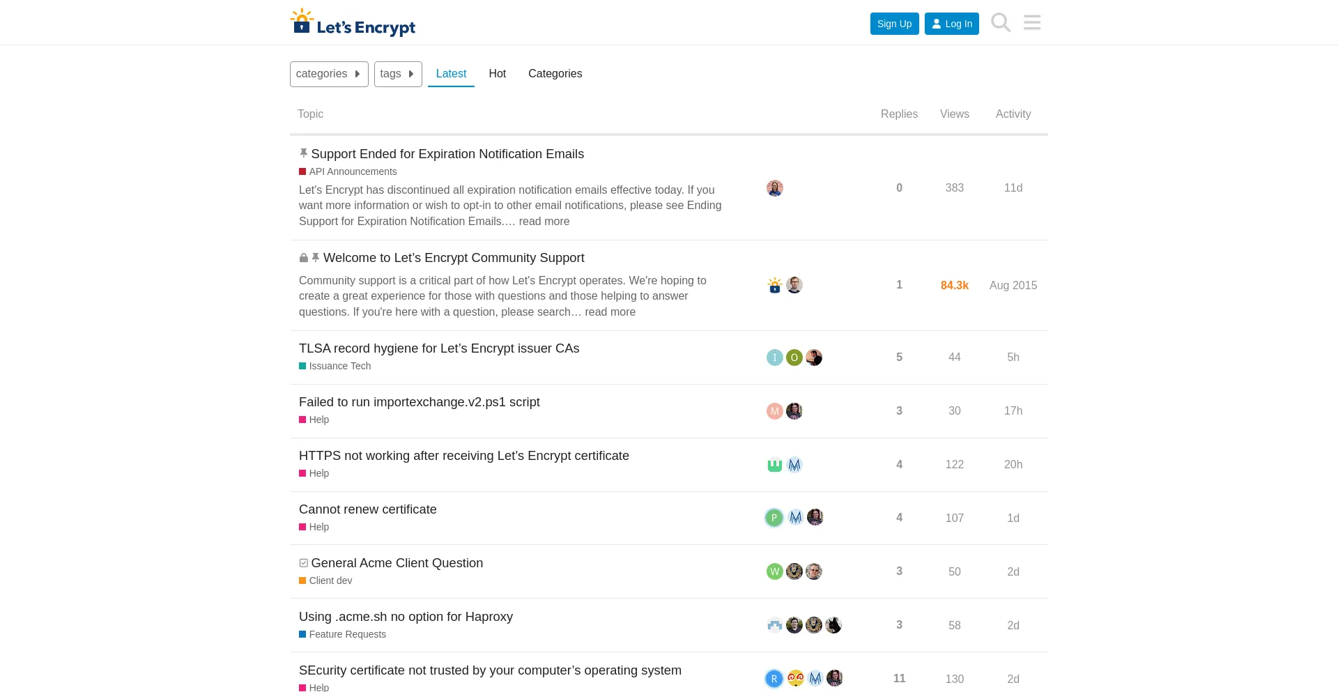 Website screenshot of Community.letsencrypt.org