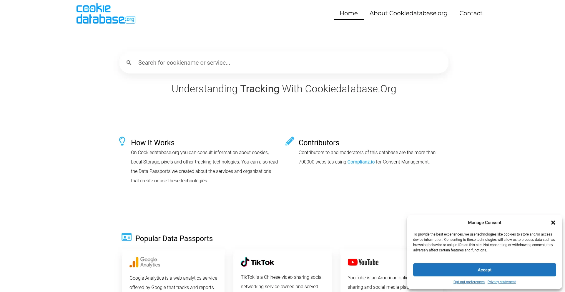 Website screenshot of Cookiedatabase.org