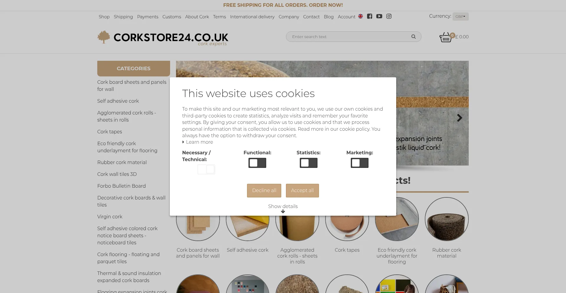 Website screenshot of Corkstore24.co.uk