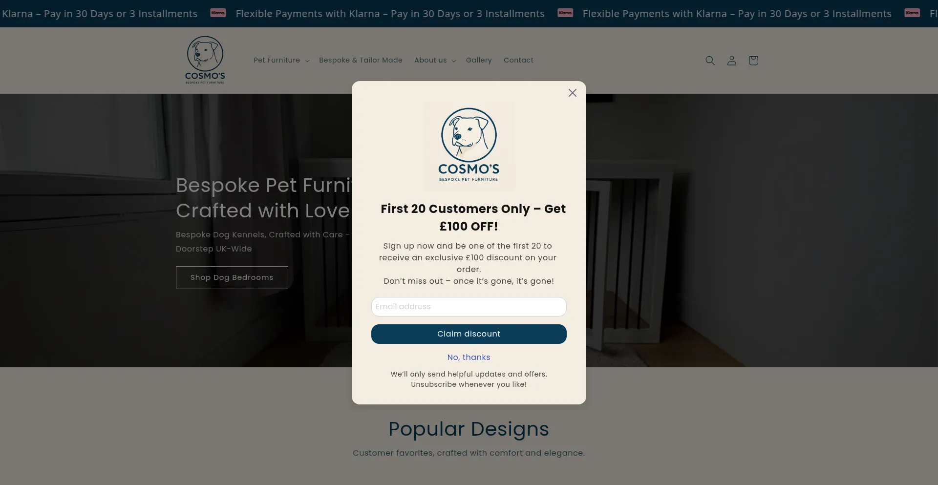 Website screenshot of Cosmospetfurniture.co.uk