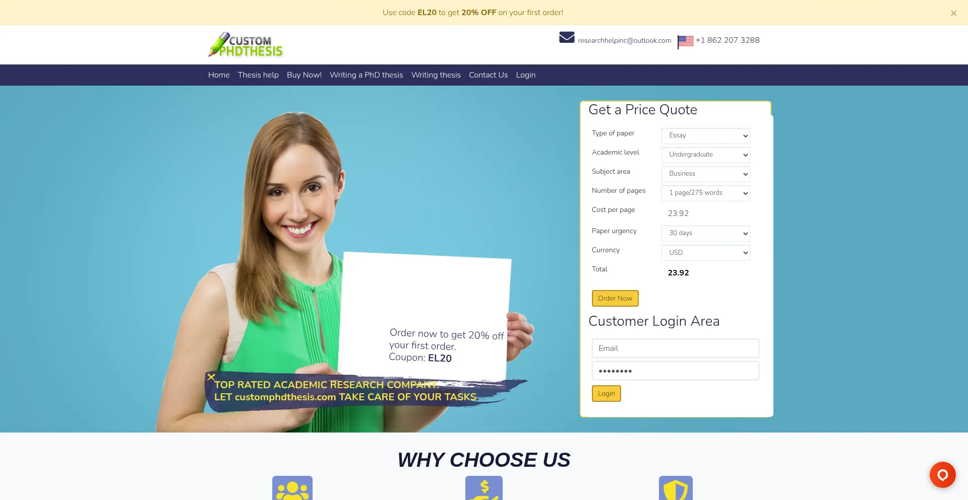 Website screenshot of Customphdthesis.com