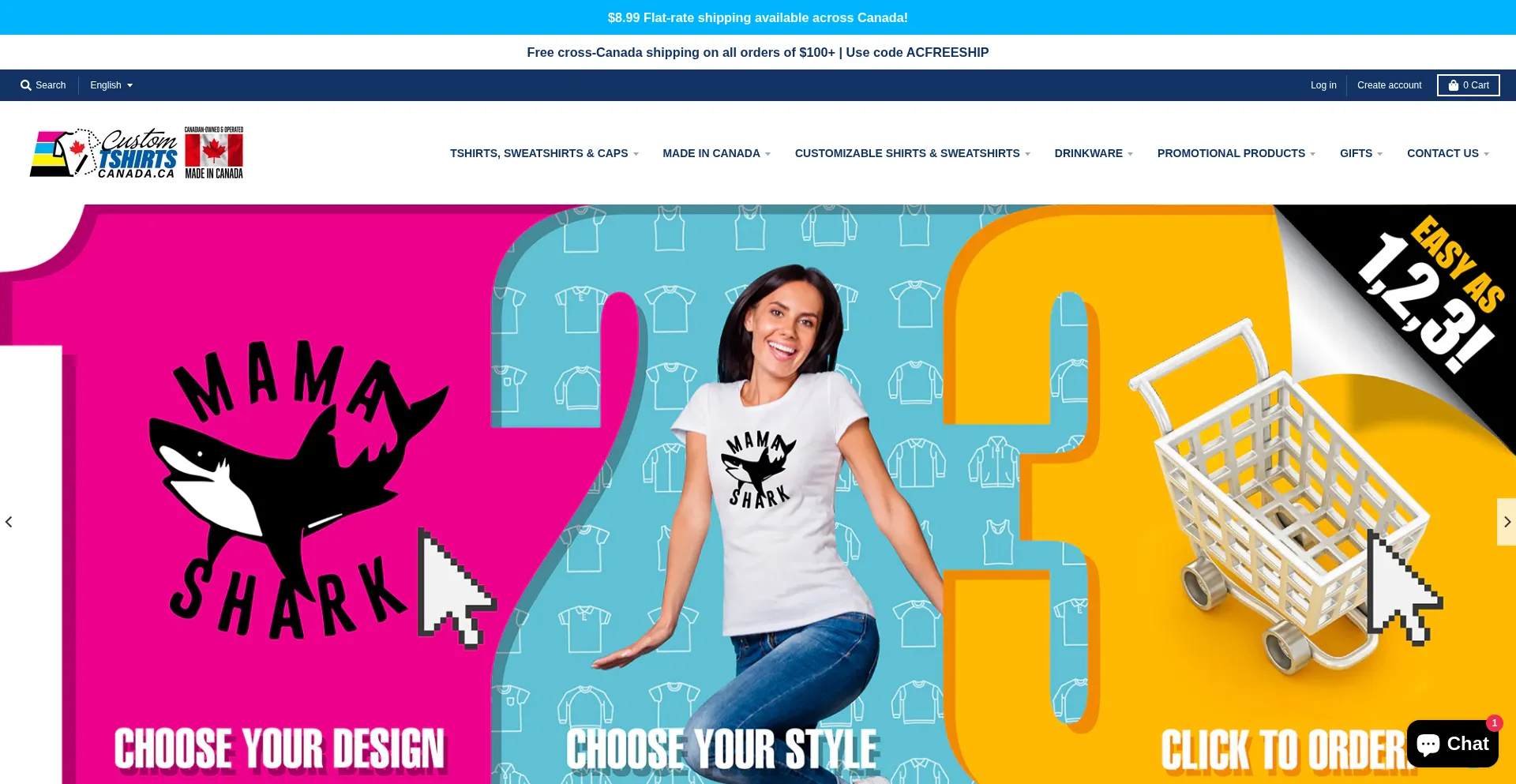 Website screenshot of Customtshirtscanada.com