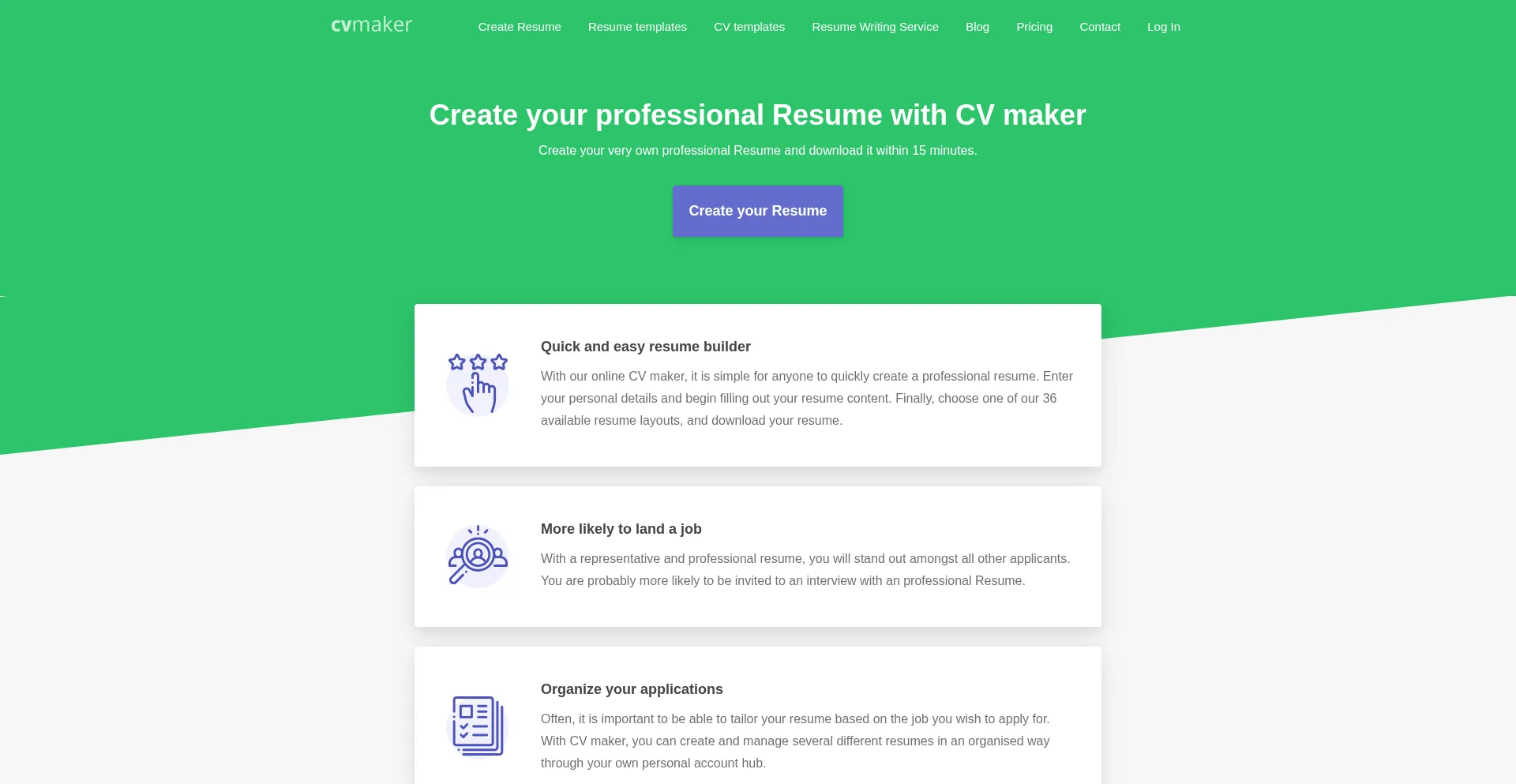 Website screenshot of Cvmaker.com
