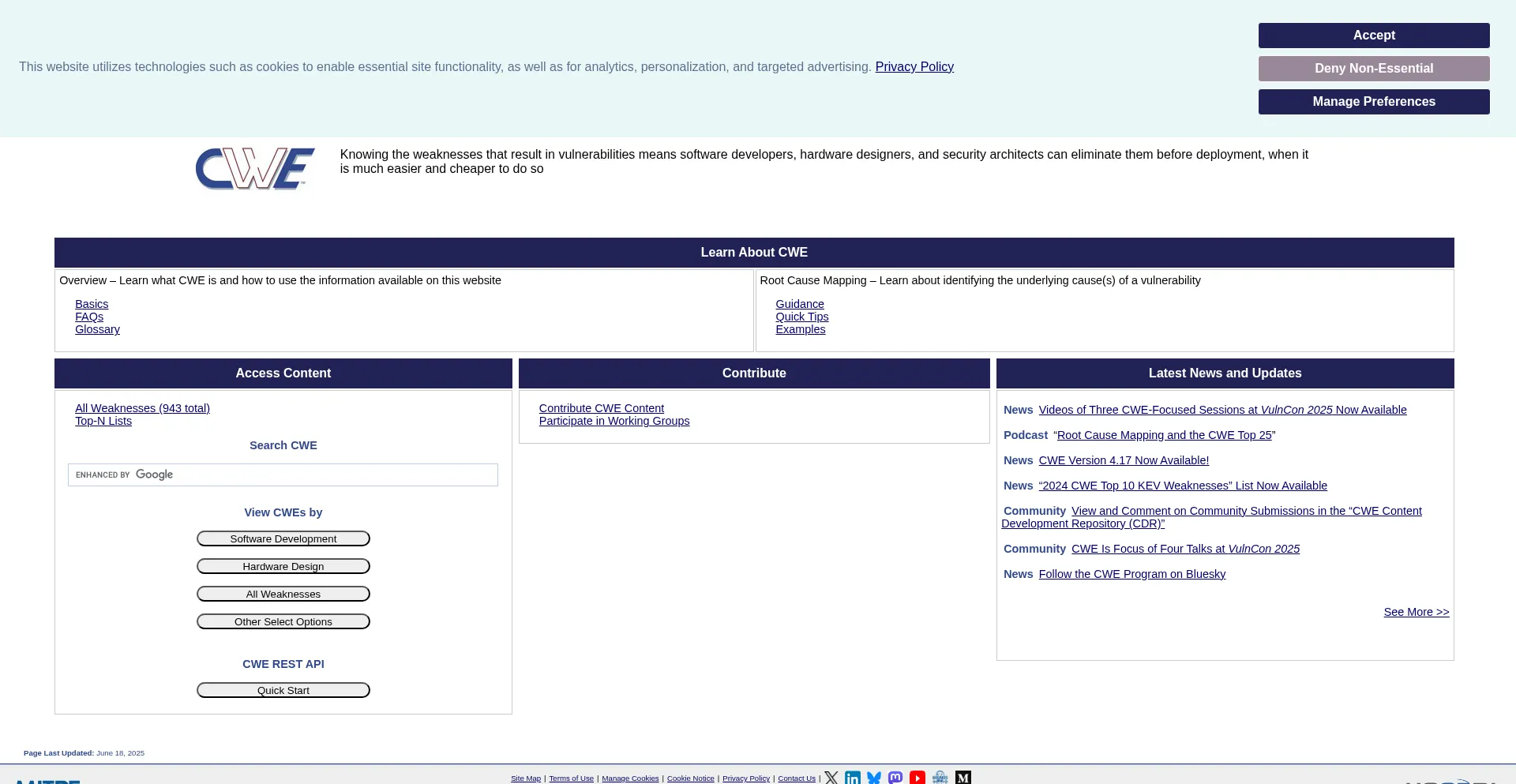 Website screenshot of Cwe.mitre.org