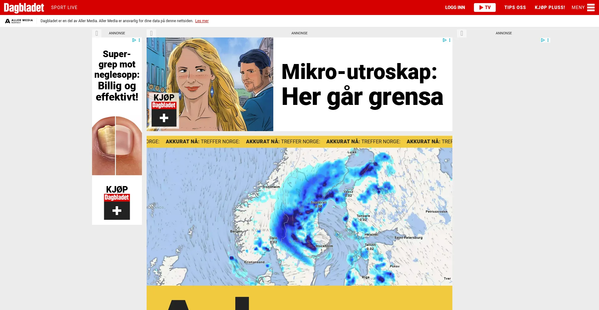 Website screenshot of Dagbladet.no
