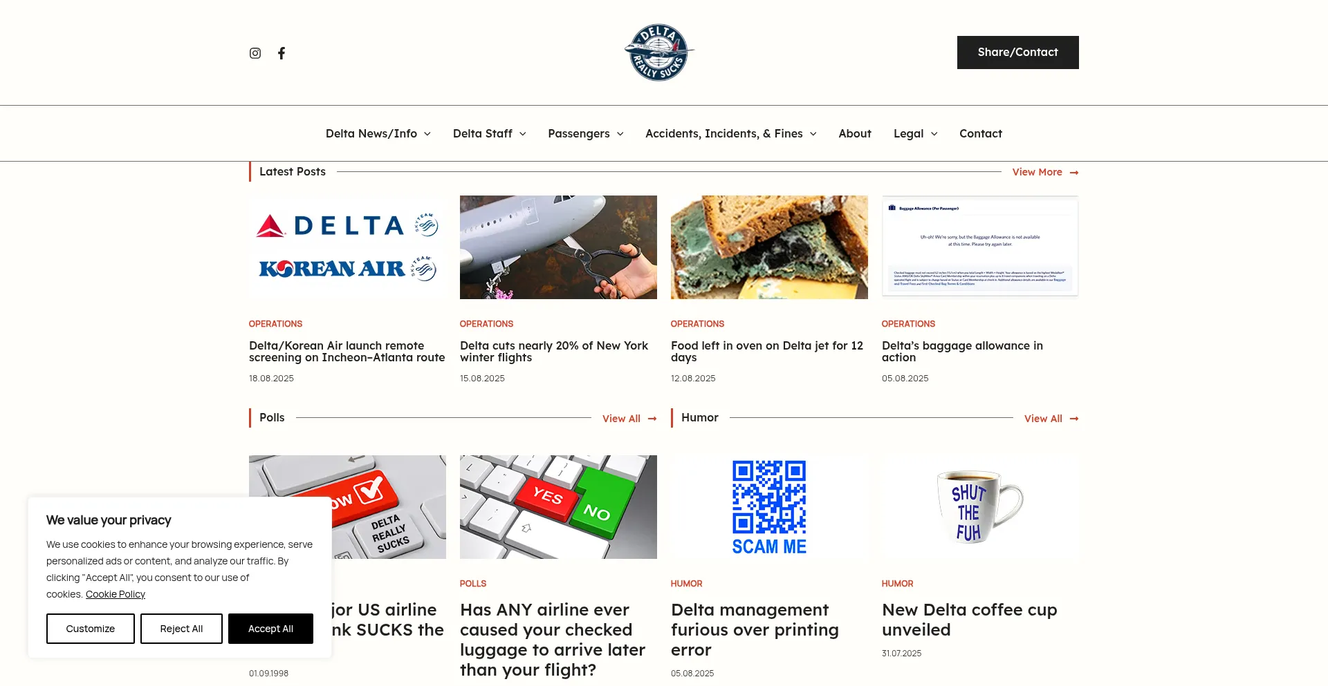 Website screenshot of Deltareallysucks.com