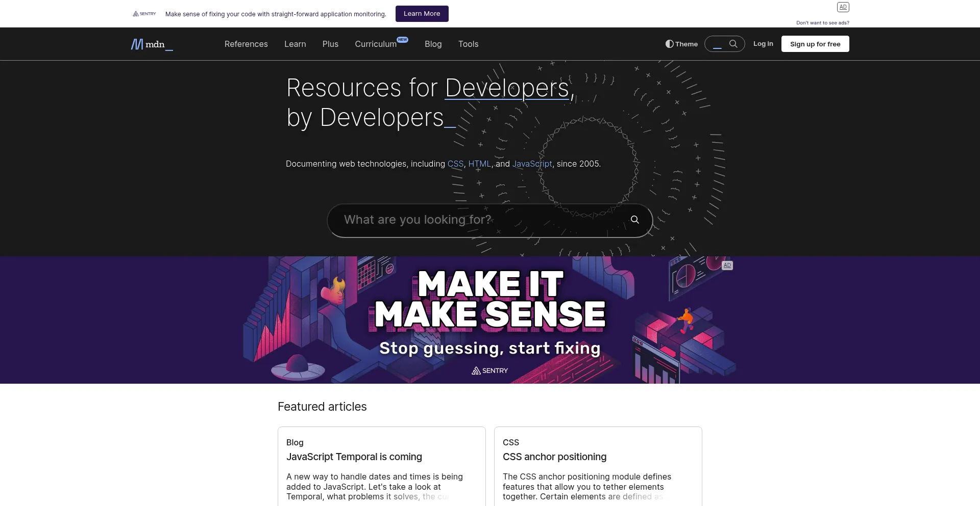 Website screenshot of Developer.mozilla.org