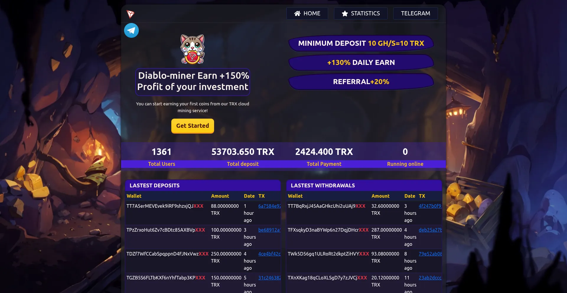 Website screenshot of Diablo-miner.cloud