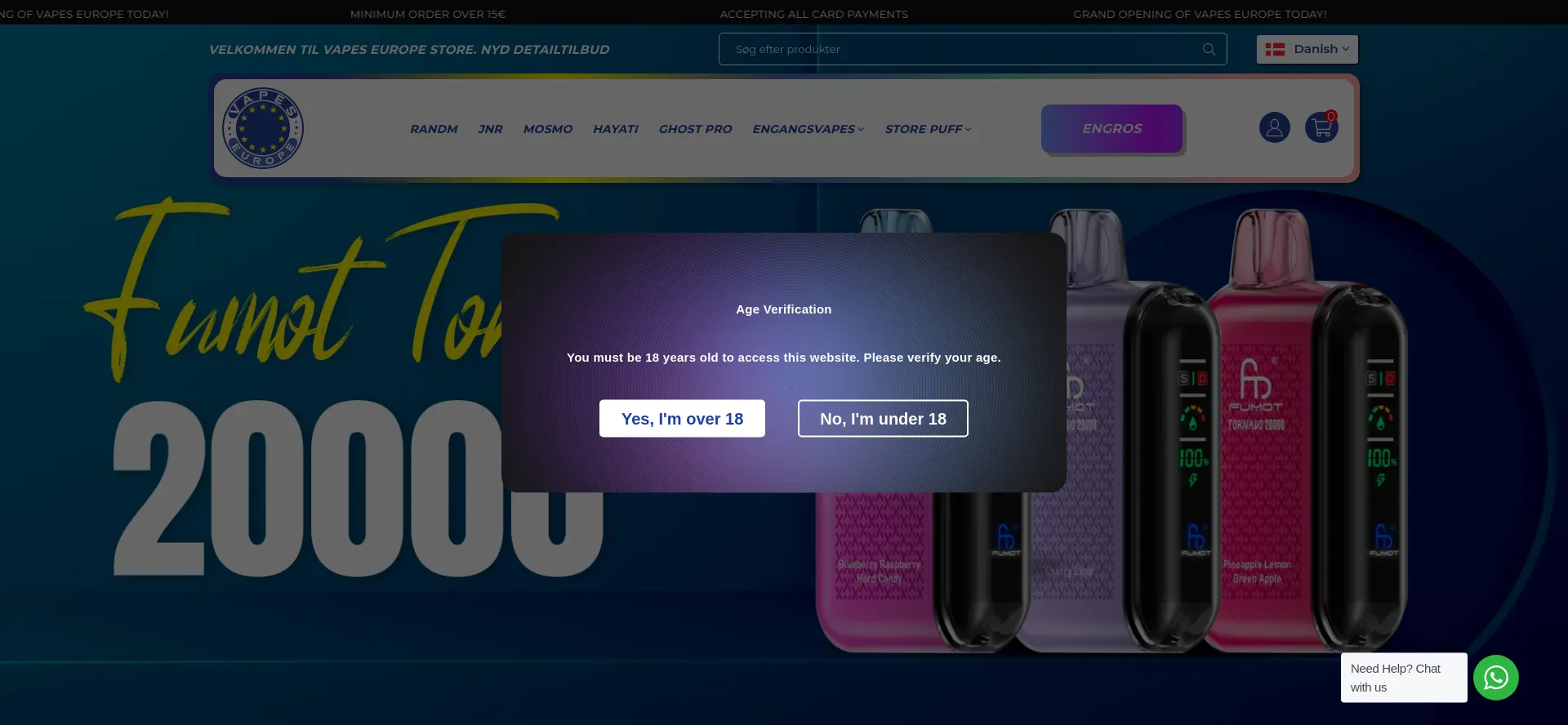 Website screenshot of Dk.vapeseurope.com