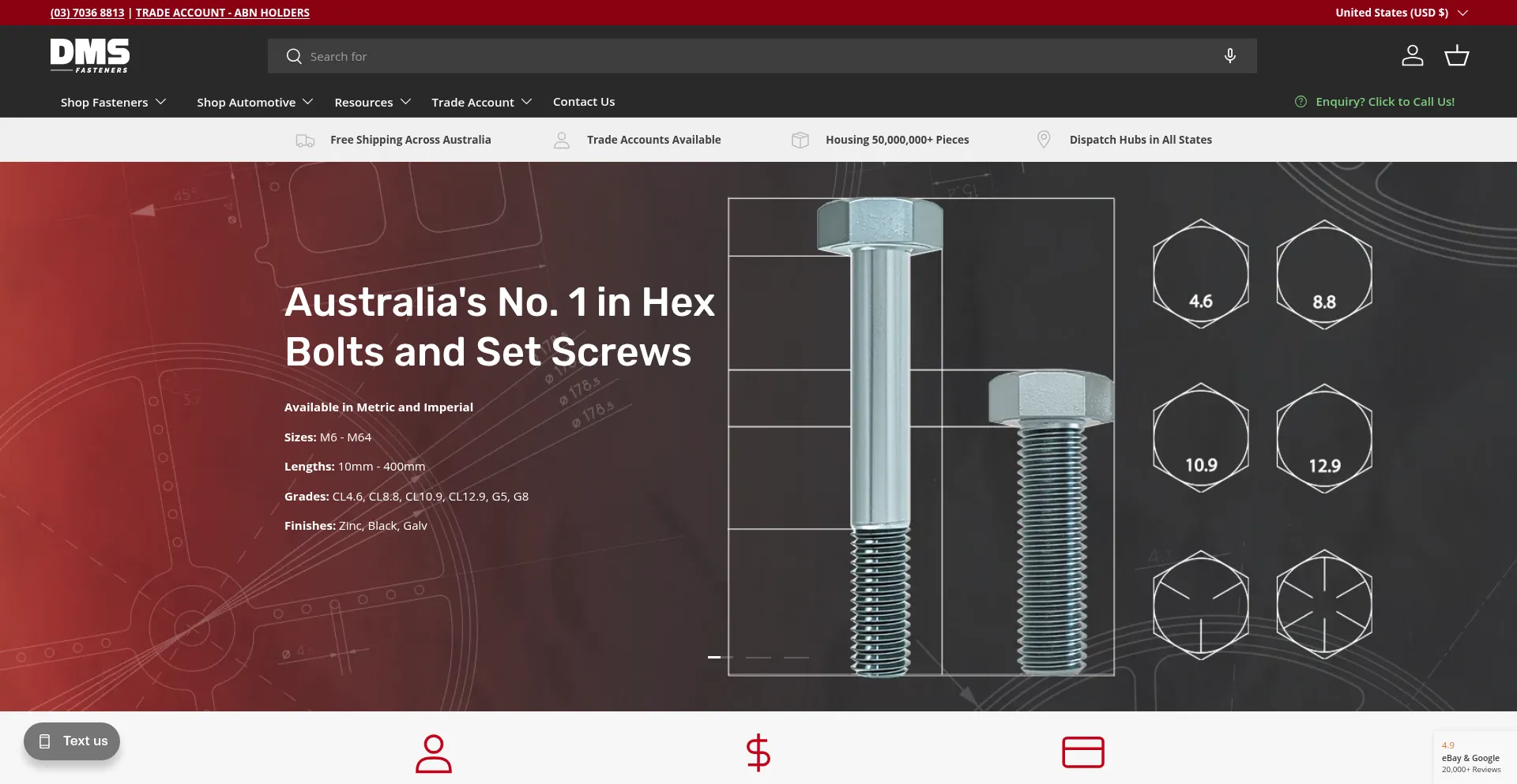 Website screenshot of Dmsfasteners.com.au