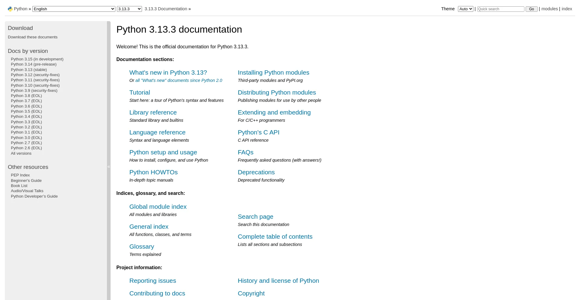 Website screenshot of Docs.python.org