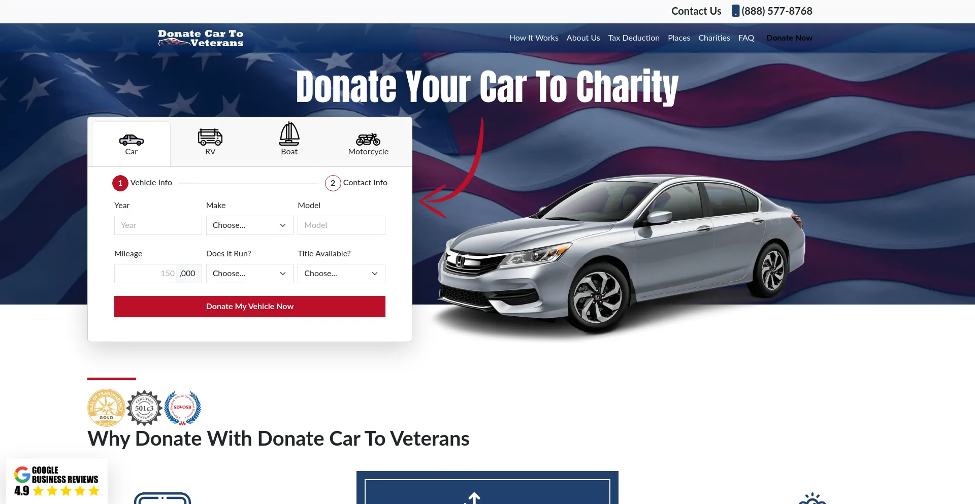 Website screenshot of Donatecartoveterans.org