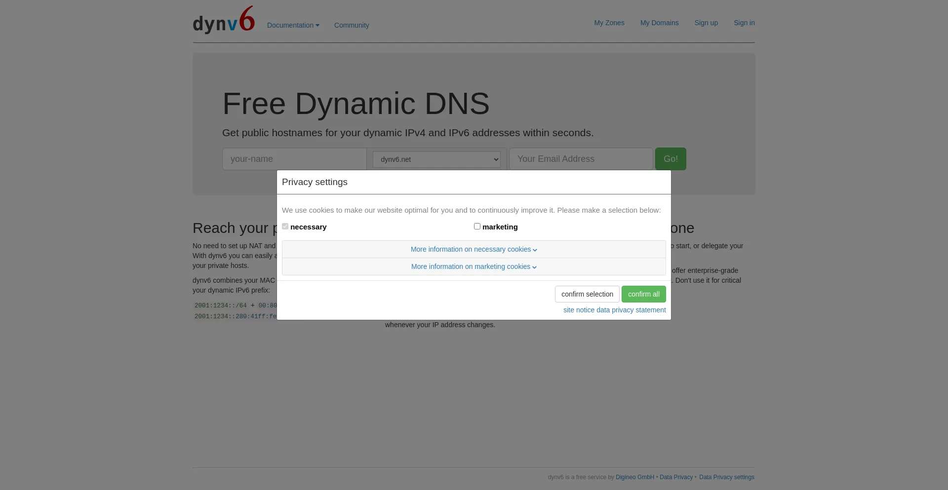 Website screenshot of Dynv6.com