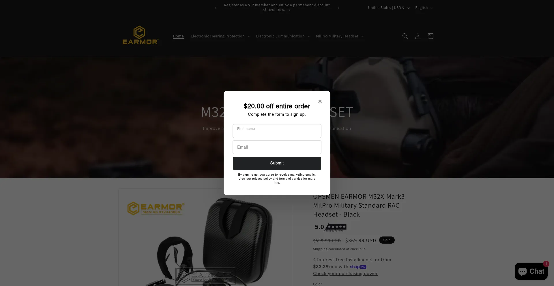 Website screenshot of Earmor-headset.com