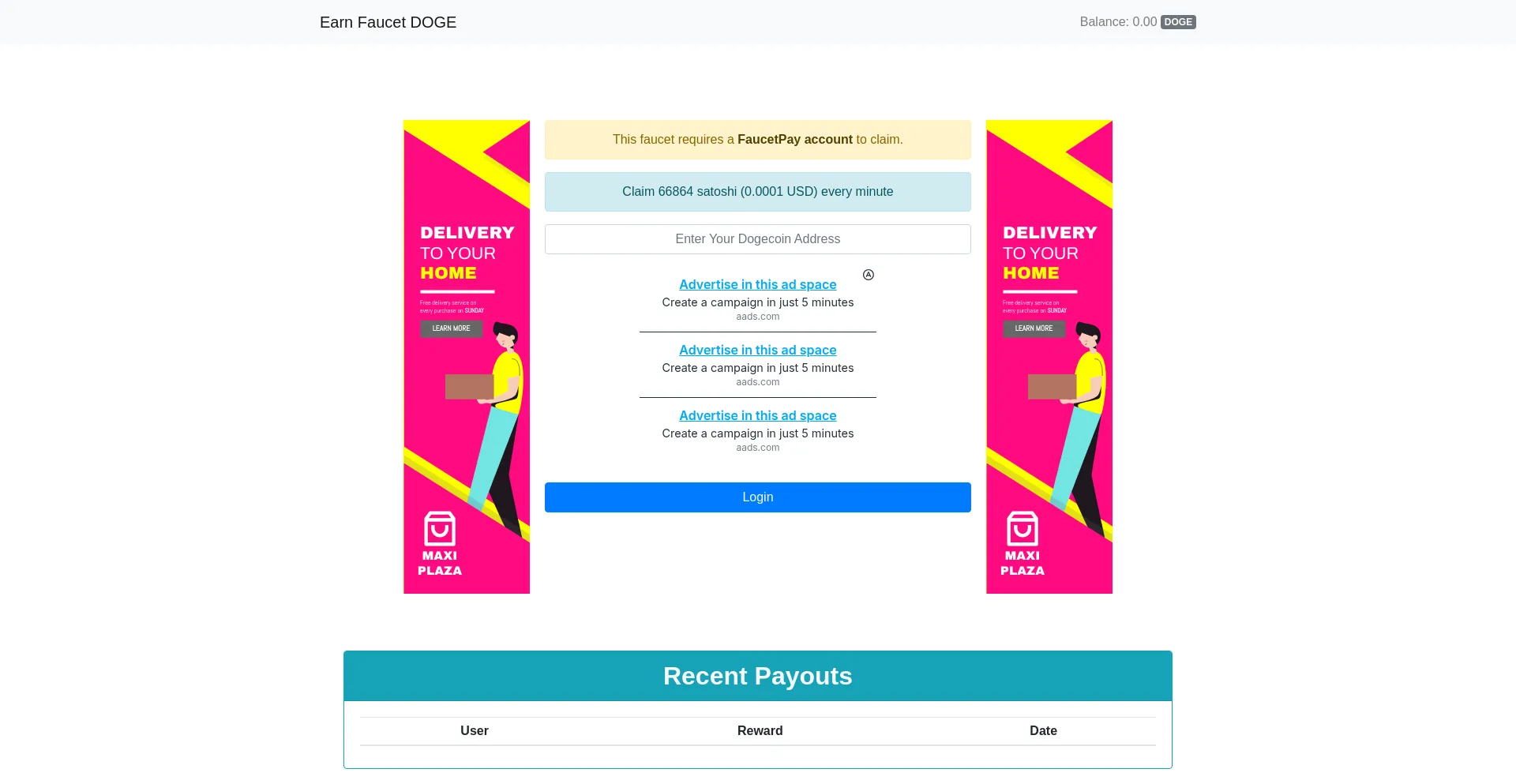 Website screenshot of Earnfaucet-doge.top