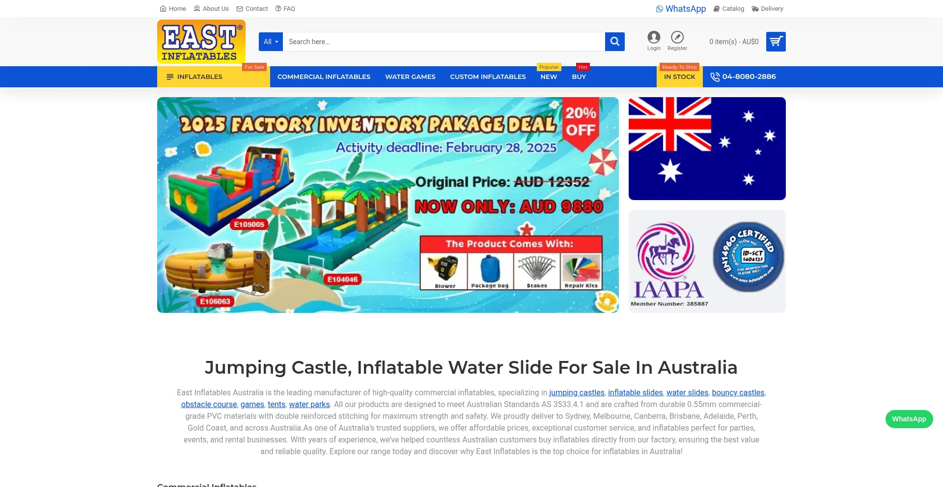 Website screenshot of Eastinflatables.com.au