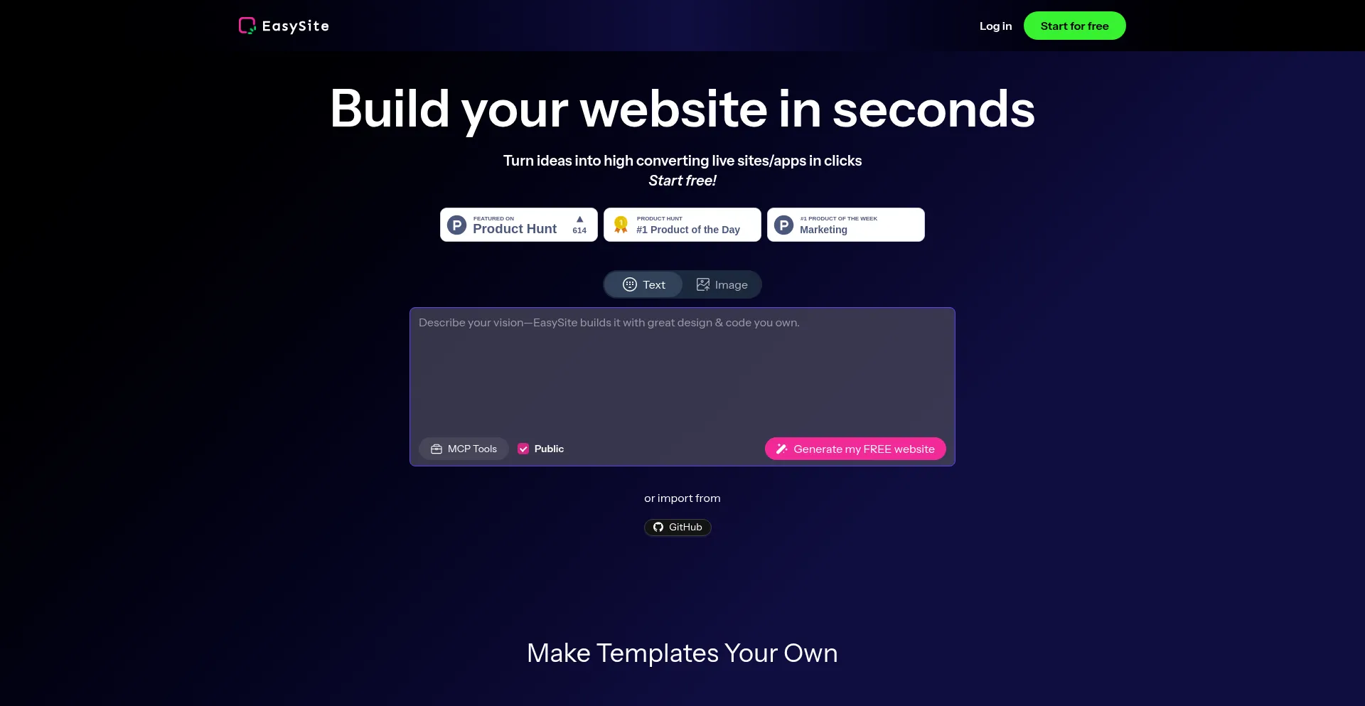 Website screenshot of Easysite.ai