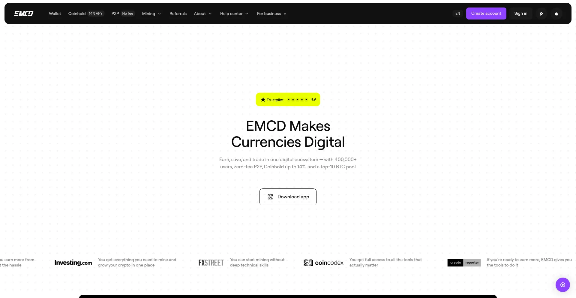 Website screenshot of Emcd.io