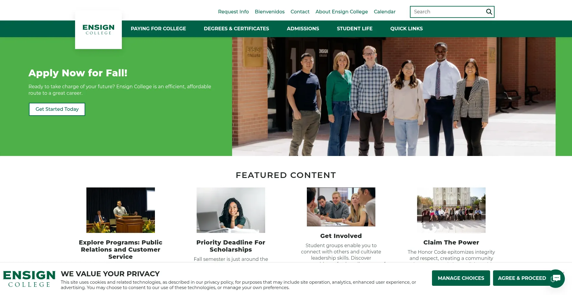 Website screenshot of Ensign.edu