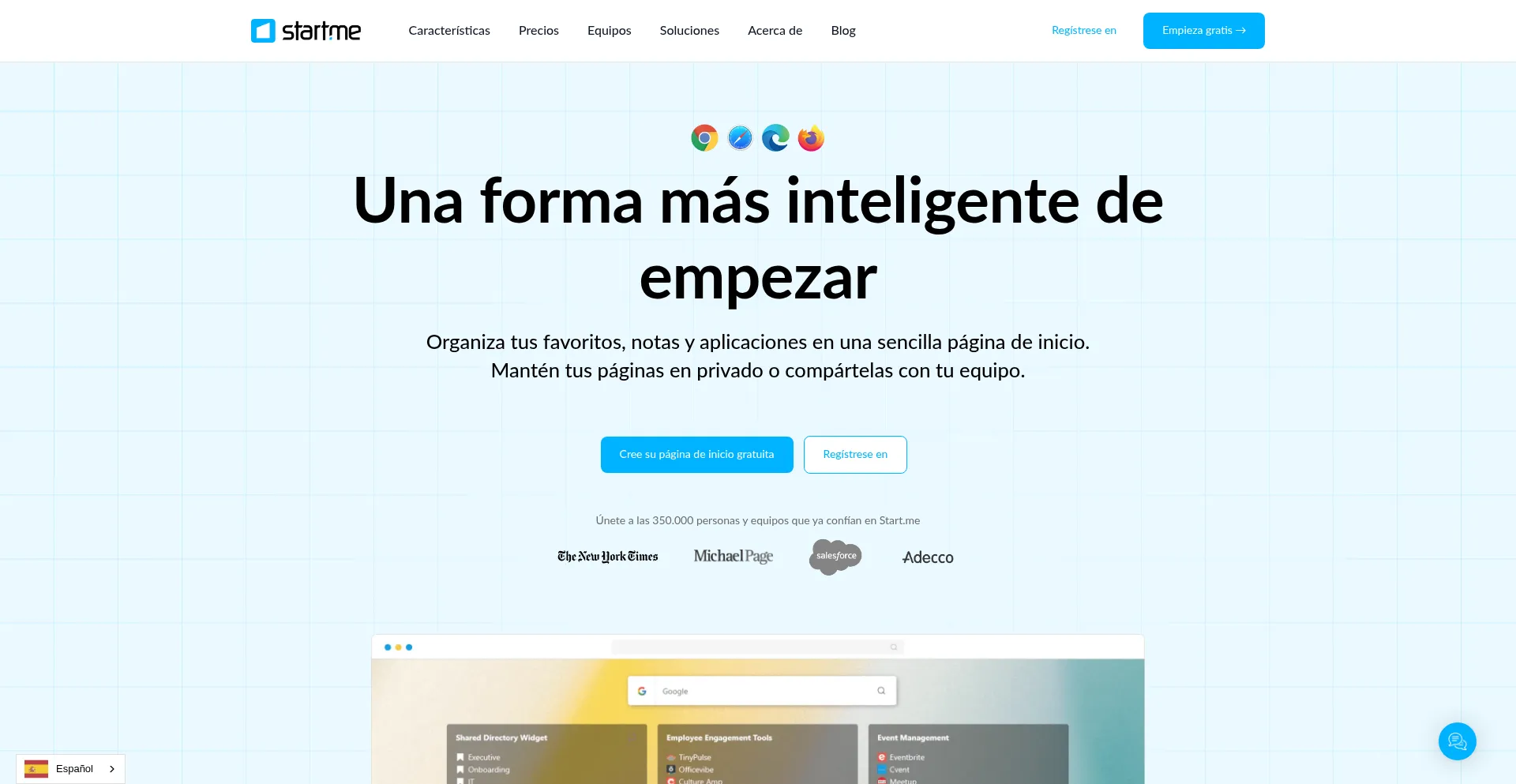 Website screenshot of Es.about.start.me
