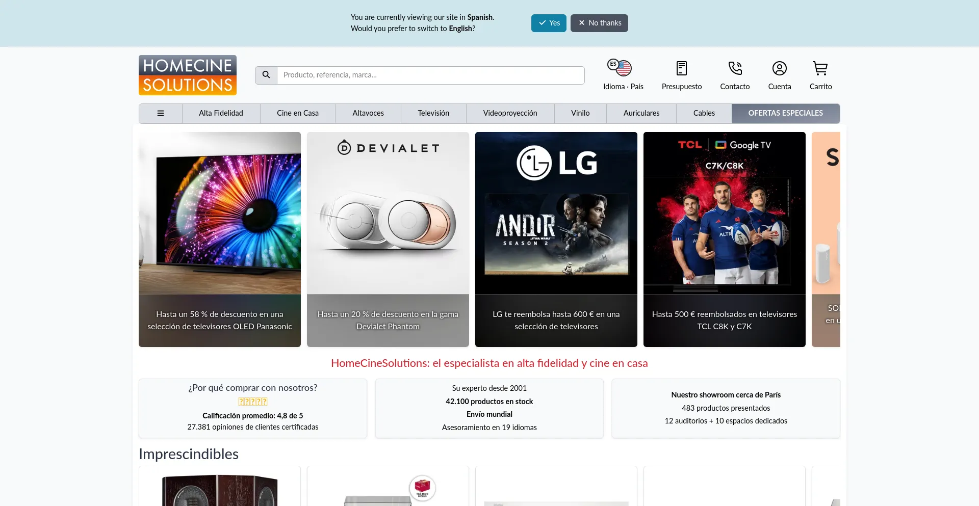 Website screenshot of Es.homecinesolutions.fr