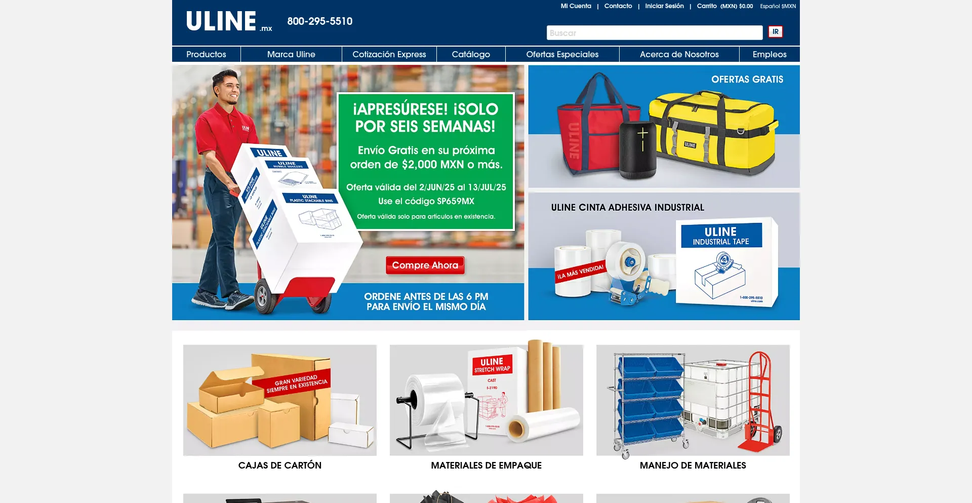 Website screenshot of Es.uline.mx