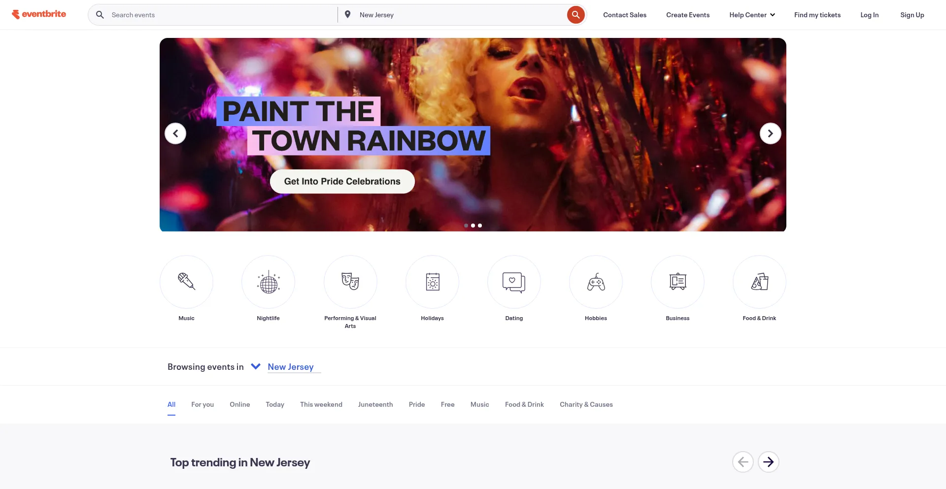 Website screenshot of Eventbright.com