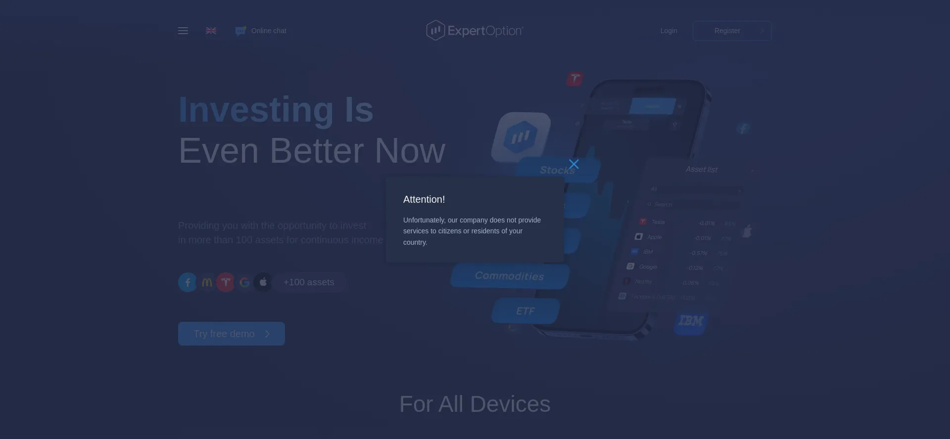 Website screenshot of Expertoption.com