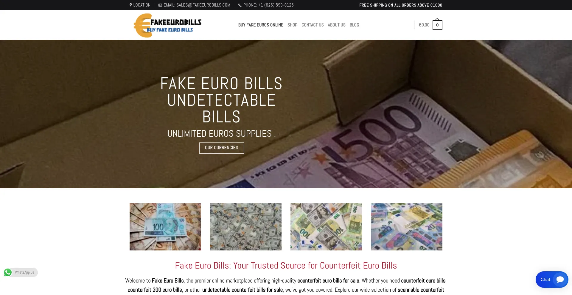 Website screenshot of Fakeeurobills.com
