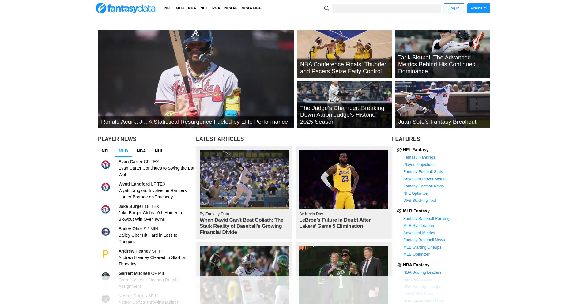 Website screenshot of Fantasydata.com