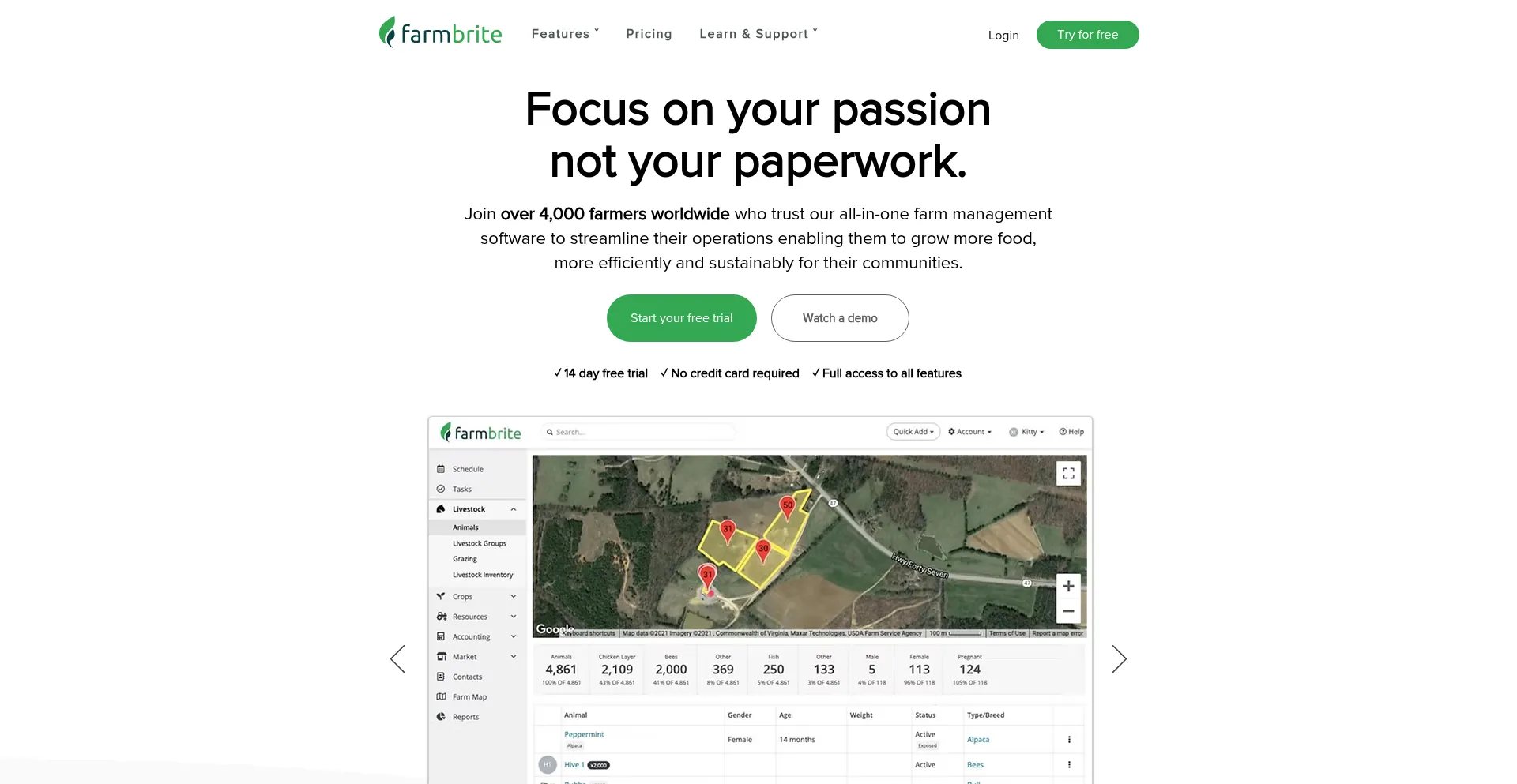 Website screenshot of Farmbrite.com