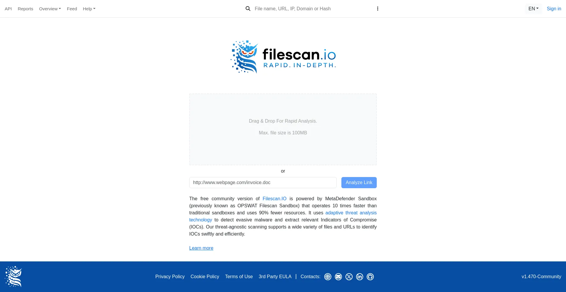 Website screenshot of Filescan.io