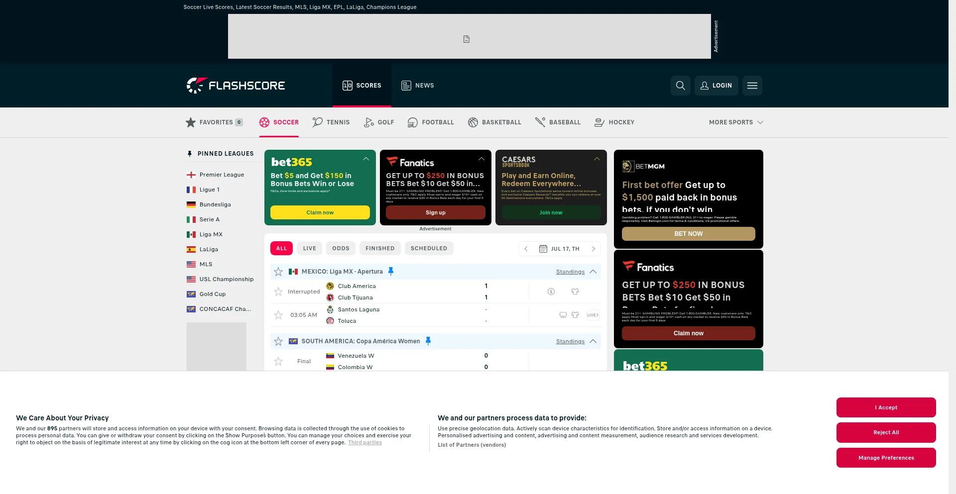 Website screenshot of Flashscoreusa.com
