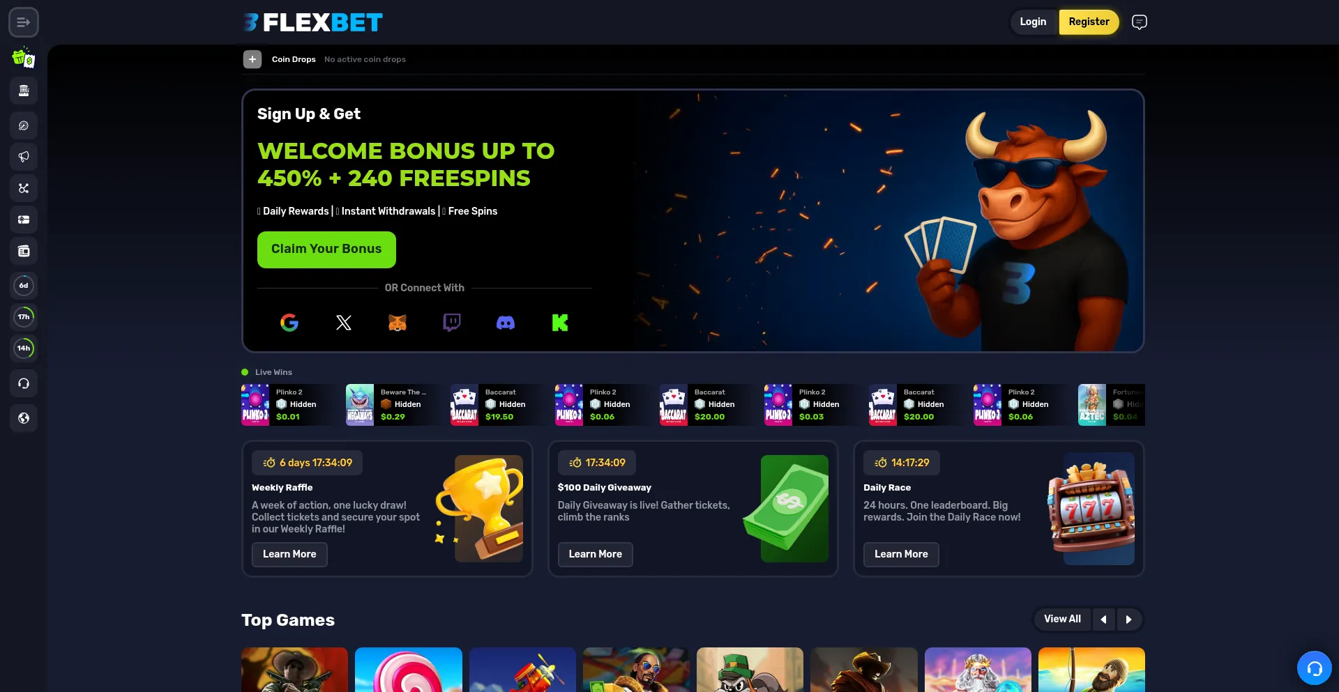 Website screenshot of Flexbet.io