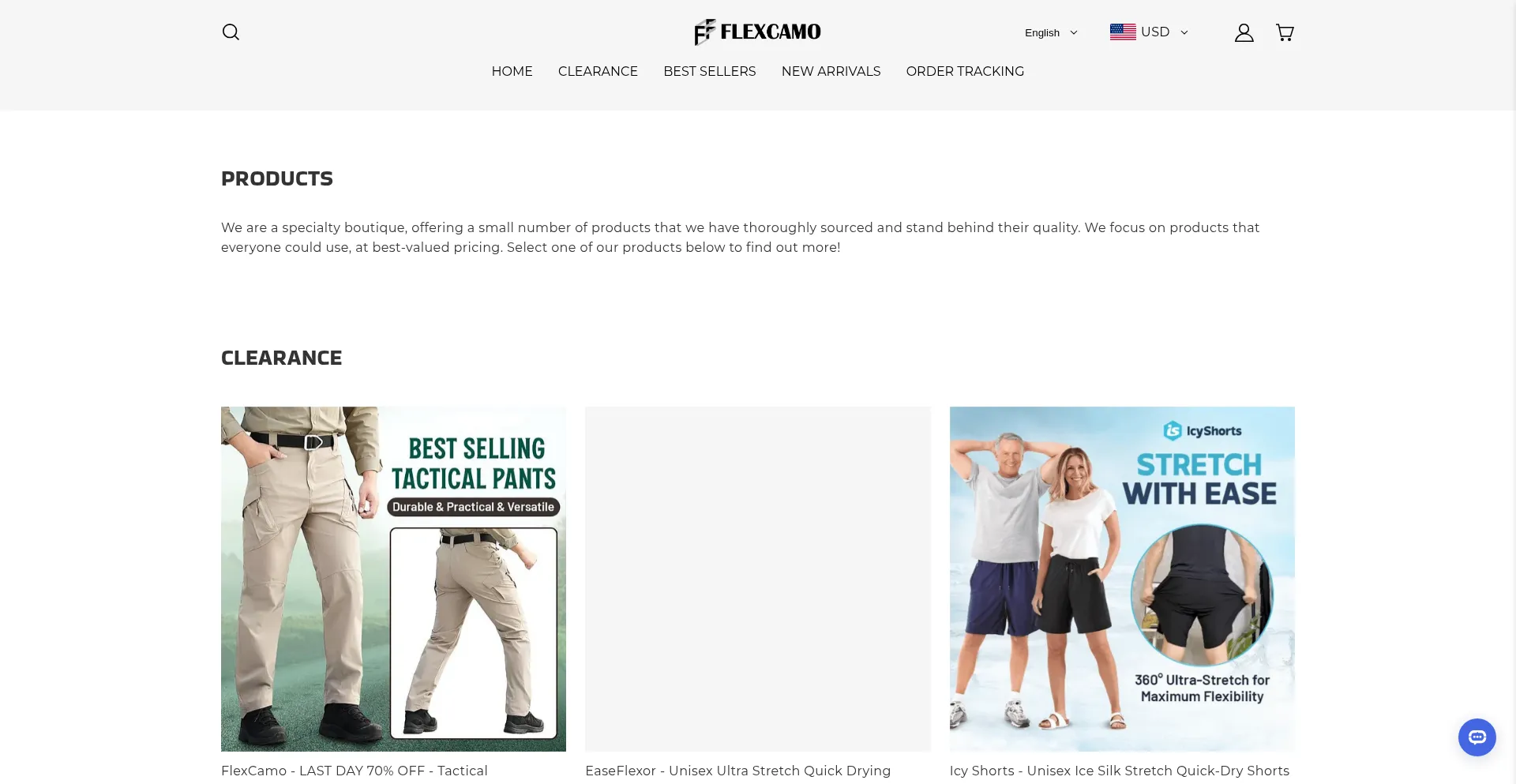 Website screenshot of Flexcamo.shop
