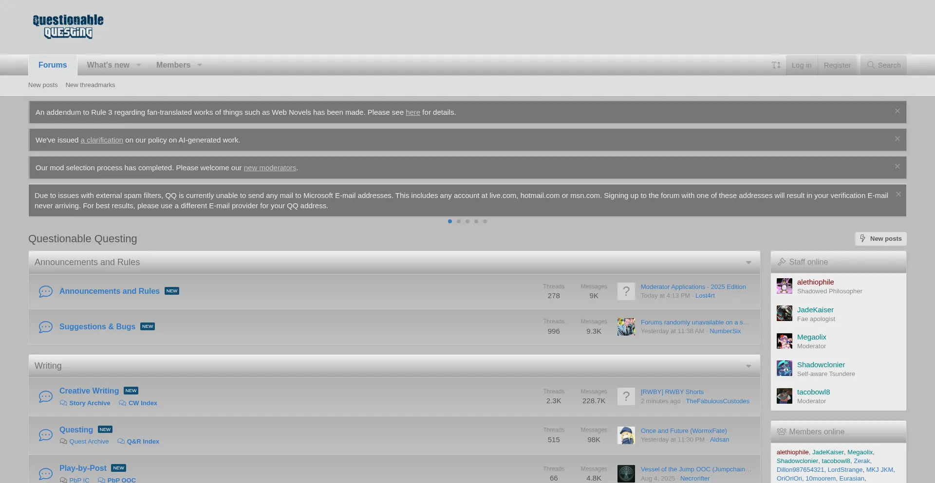 Website screenshot of Forum.questionablequesting.com
