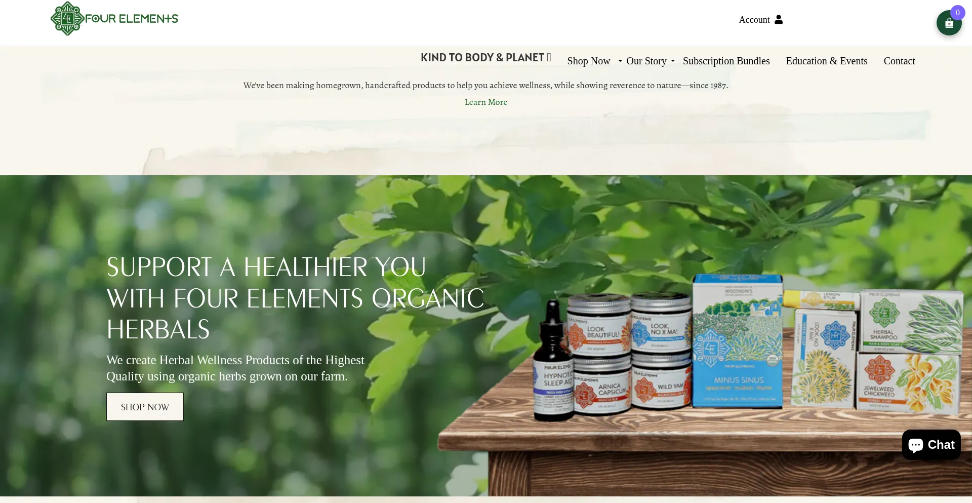 Website screenshot of Fourelementsherbals.com