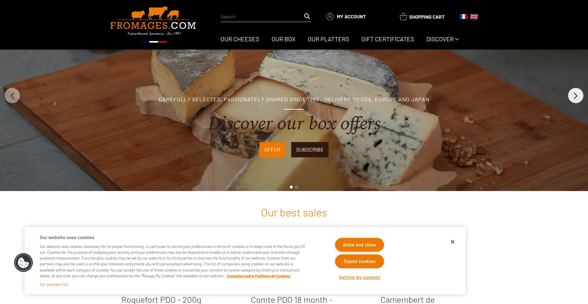 Website screenshot of Fromages.com