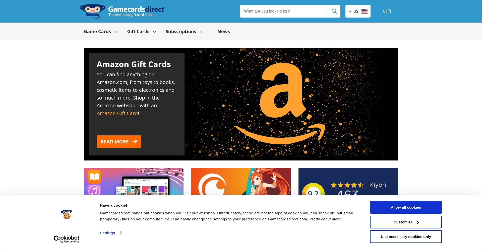 Website screenshot of Gamecardsdirect.com