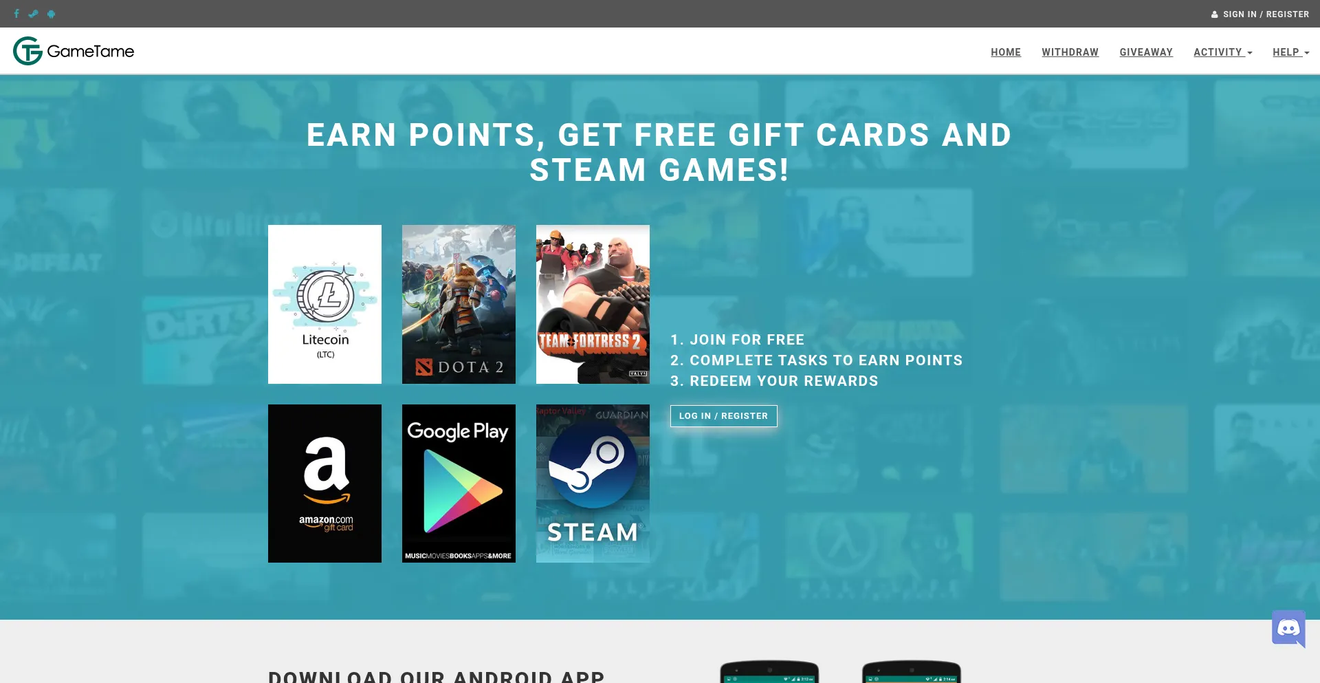 Website screenshot of Gametame.com