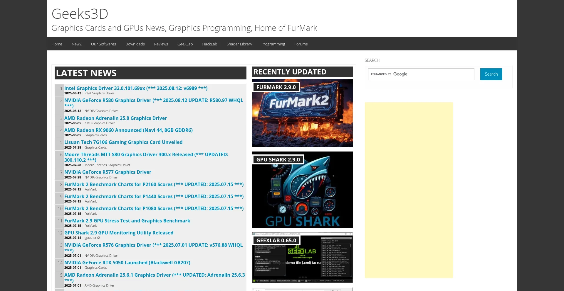 Website screenshot of Geeks3d.com