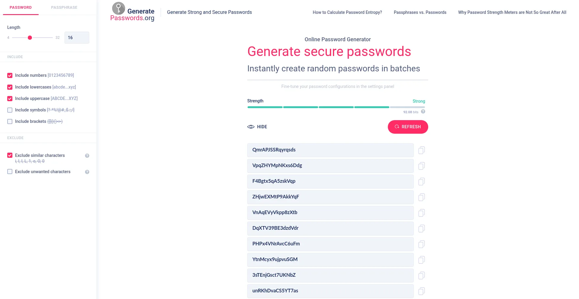Website screenshot of Generatepasswords.org